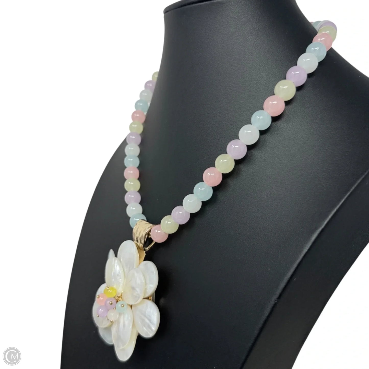 Multicolor Pastel Beaded Mother of Pearl Flower Pendant Statement Necklace