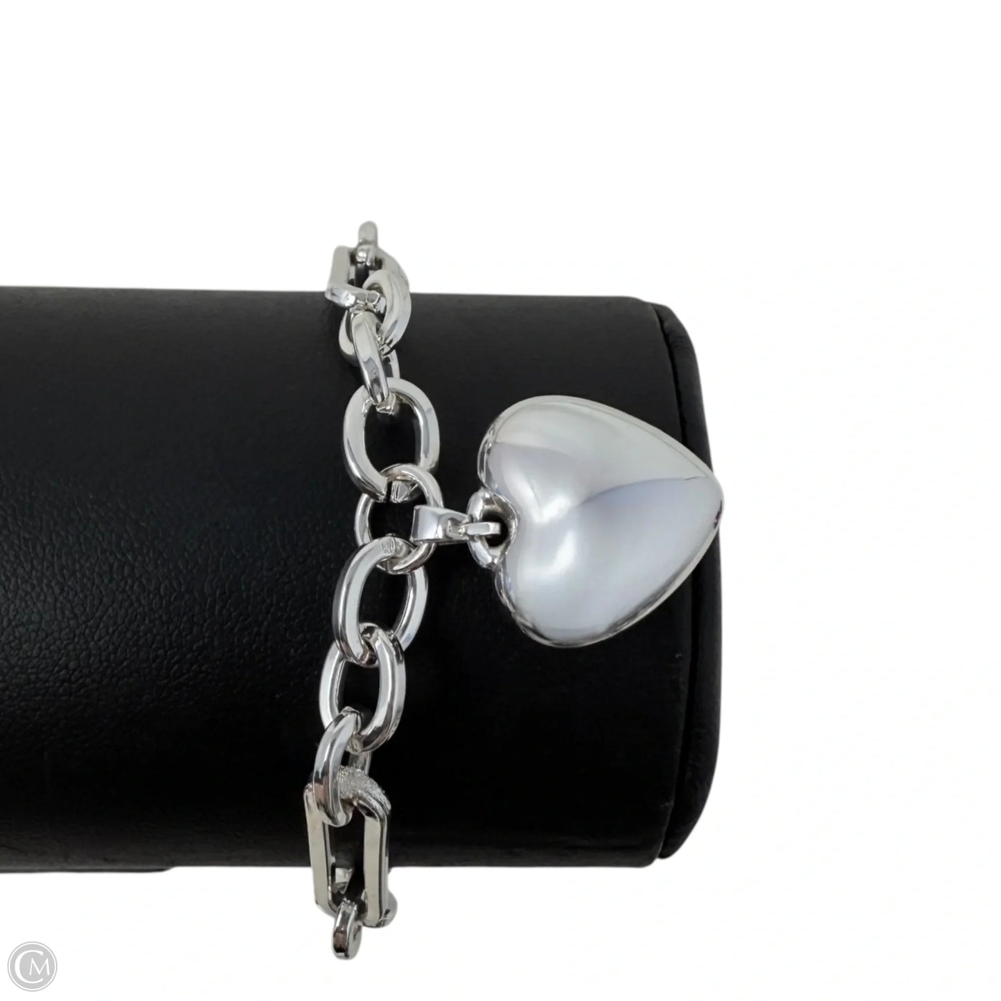 Silver Tone Paperclip Chain Puffy Heart Charm Bracelet