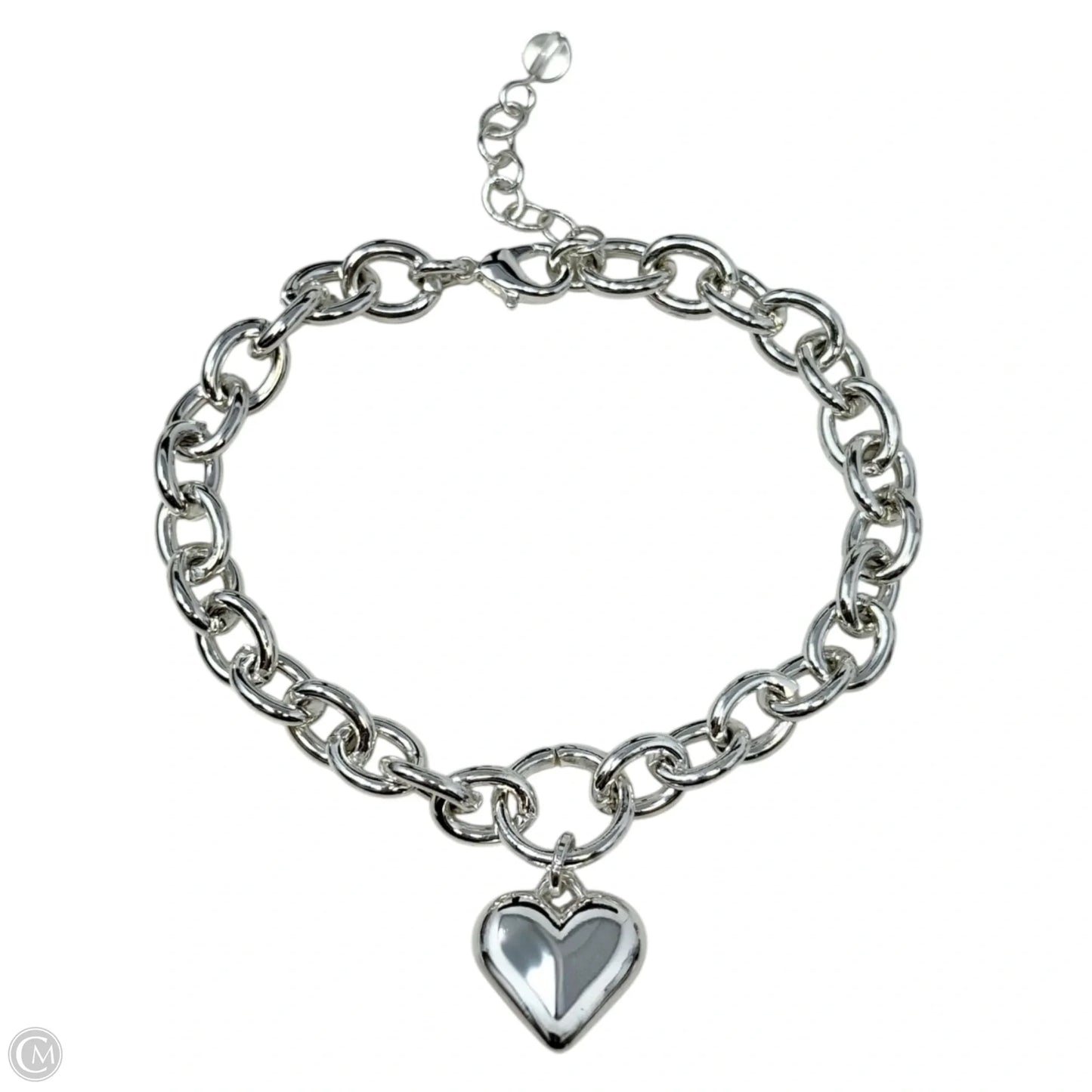 Silver Tone Puffy Heart Charm Chain Bracelet