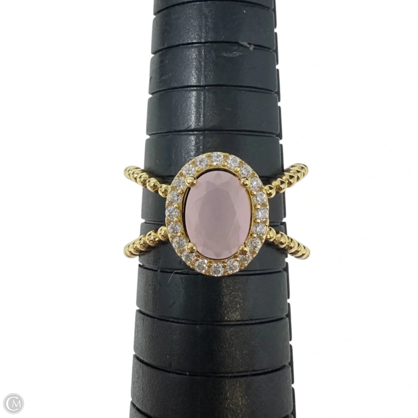 Gold Over Sterling Silver Pavé Halo Pink Quartz Twisted Band Ring, Size: 7