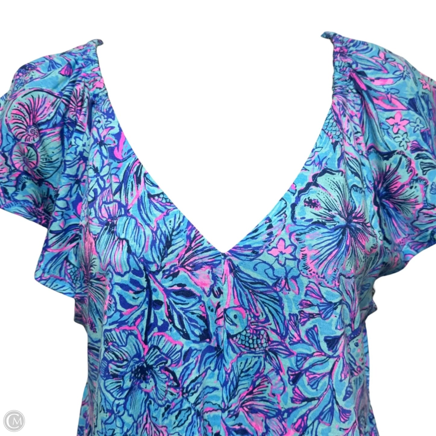 Kawai Flutter Sleeve Dress Designer By Lilly Pulitzer In Breakwater Blue Shells and Bells, Size: S