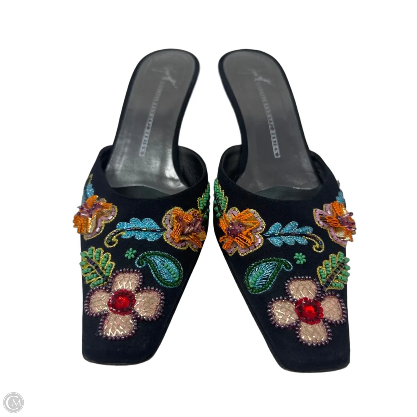 Beaded Kitten Heel Mules Shoes Designer By Giuseppe Zanotti In Floral Print, Size: 7.5