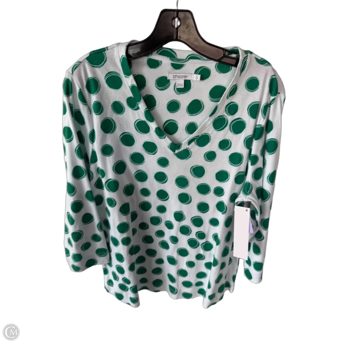 Top 3/4 Sleeve By Chicos In Green & White, Size: L