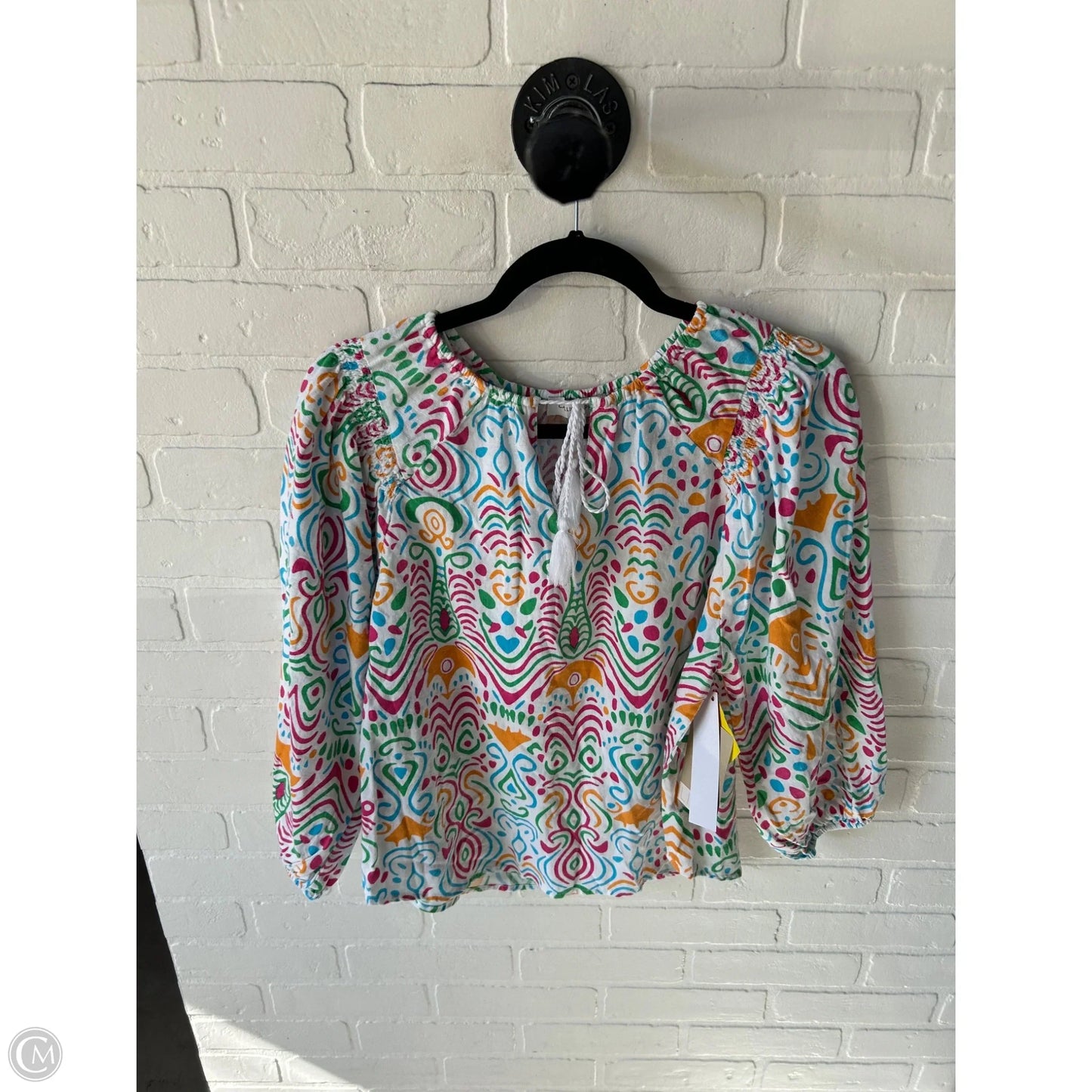 Top Long Sleeve By Calligraphie In White & Yellow, Size: M