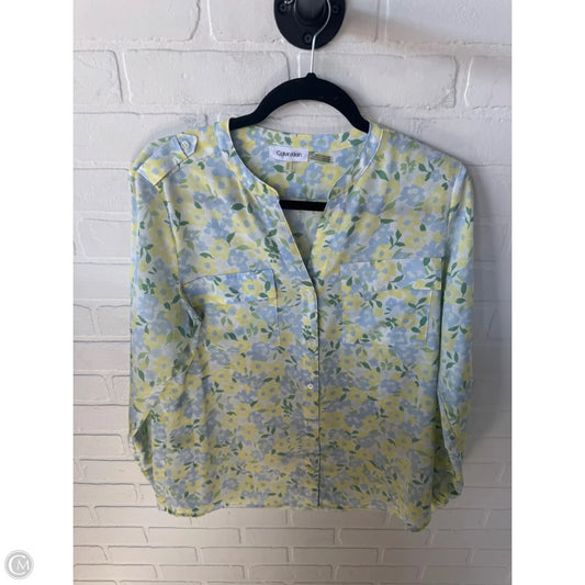Blouse Long Sleeve By Calvin Klein In Blue & Yellow, Size: M