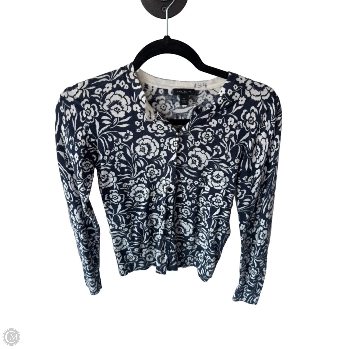 Sweater Cardigan By Ann Taylor In Blue & White, Size: Xs