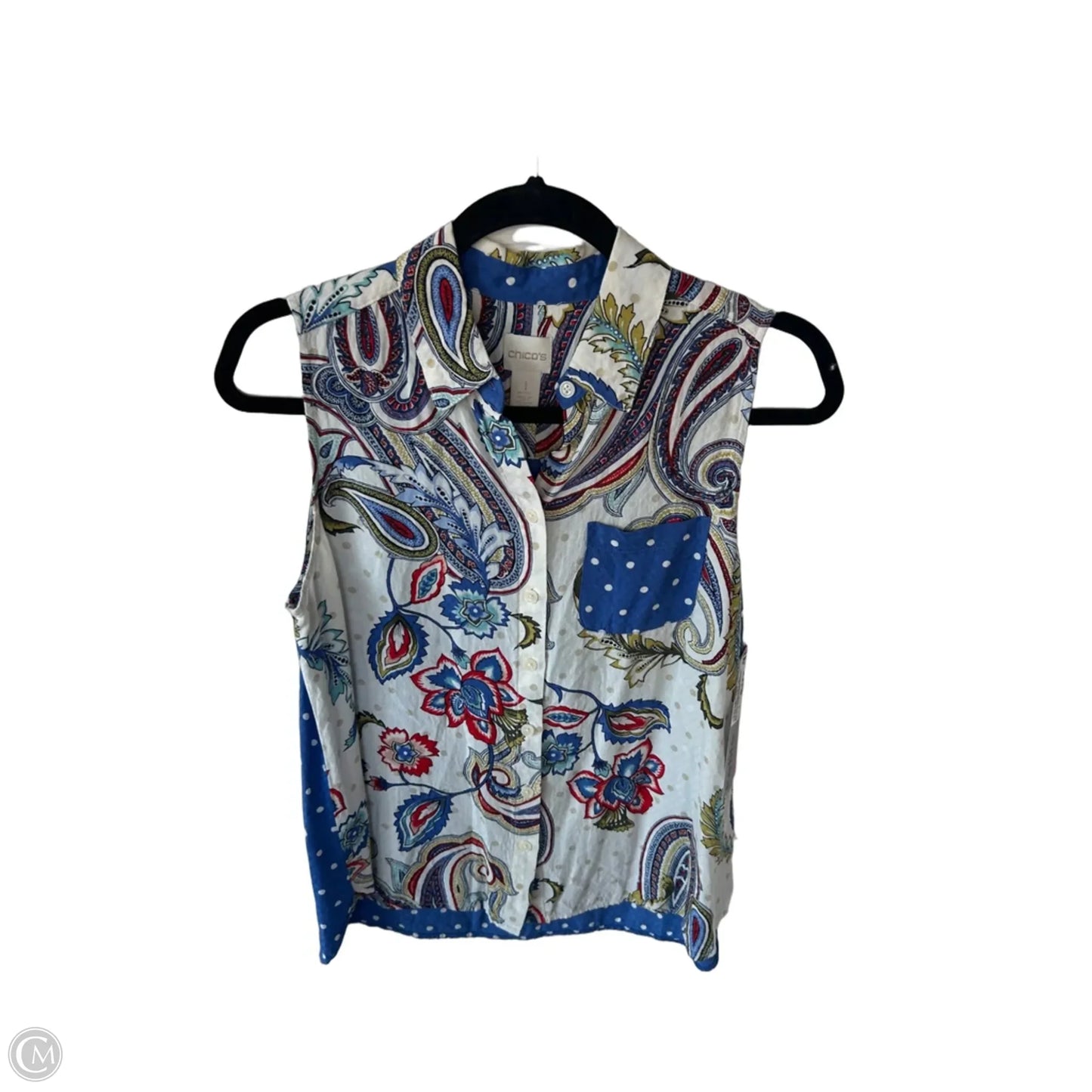 Blouse Sleeveless By Chicos In Blue & Cream, Size: Mp