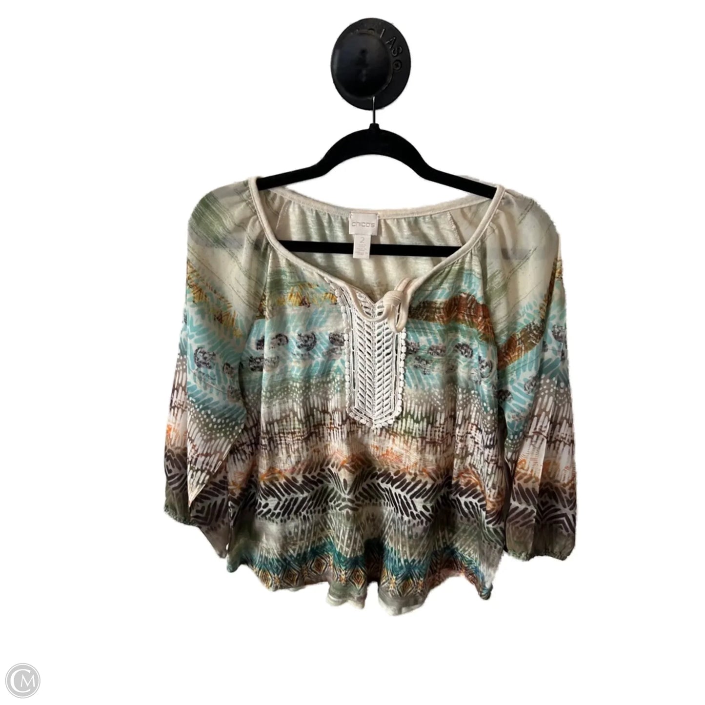 Top 3/4 Sleeve By Chicos In Green & Tan, Size: L
