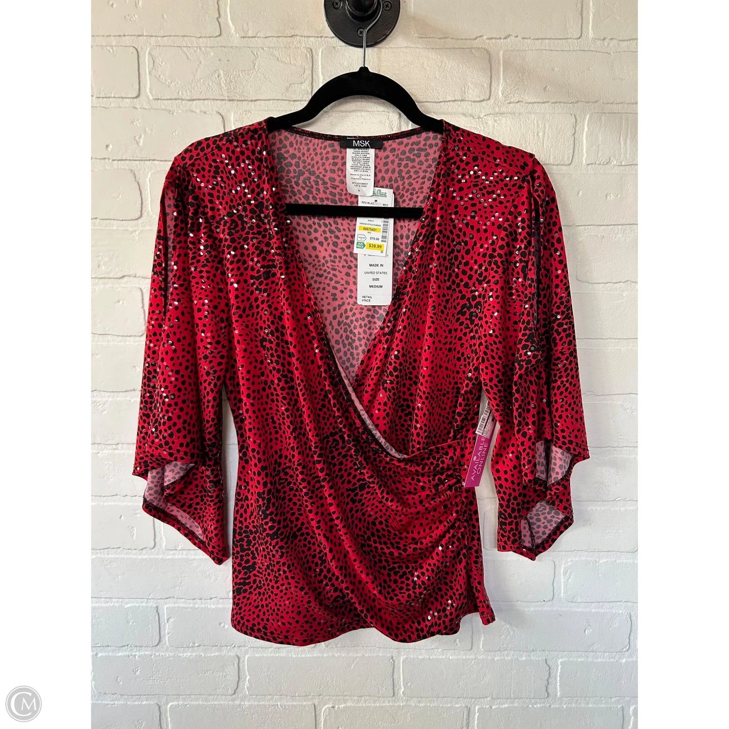 Top 3/4 Sleeve By Msk In Black & Red, Size: M