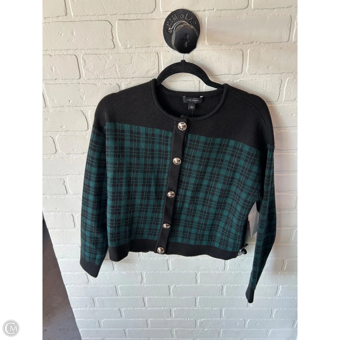 Sweater Cardigan By Ann Taylor In Black & Green, Size: L