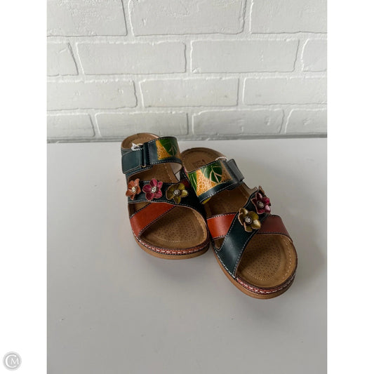 Sandals Heels Block By Spring Step In Green & Orange, Size: 8.5