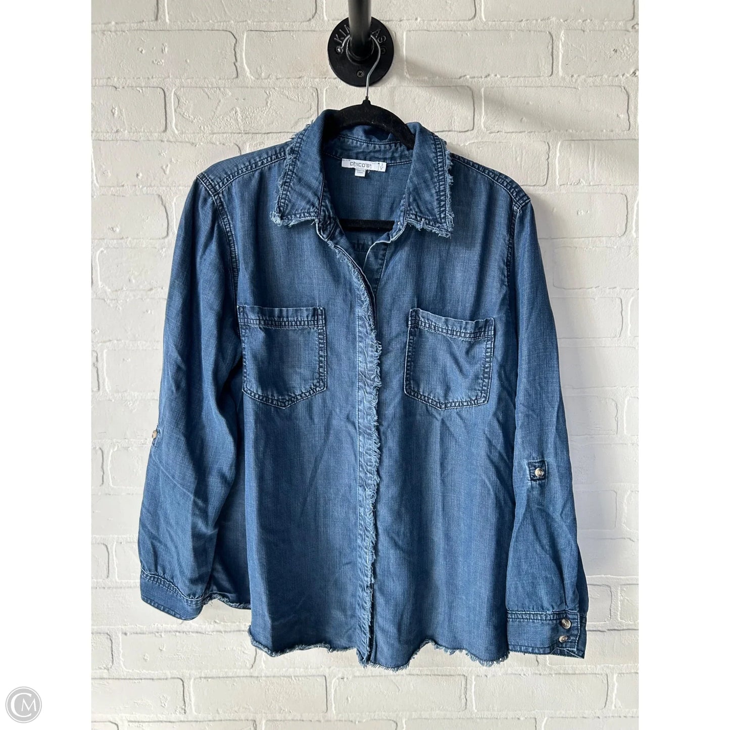 Top Long Sleeve By Chicos In Blue Denim, Size: Xl