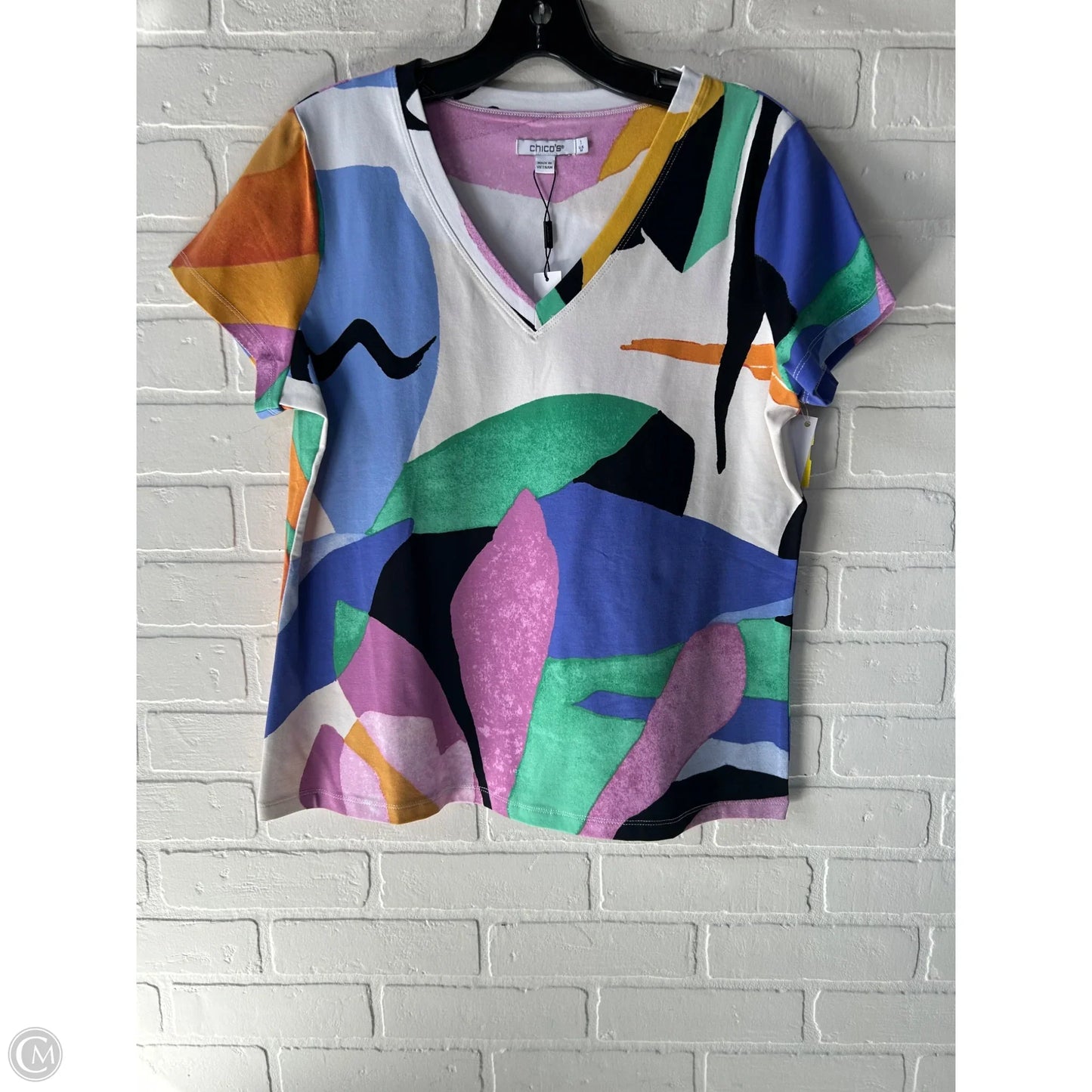 Top Short Sleeve By Chicos In Cream & Green, Size: M