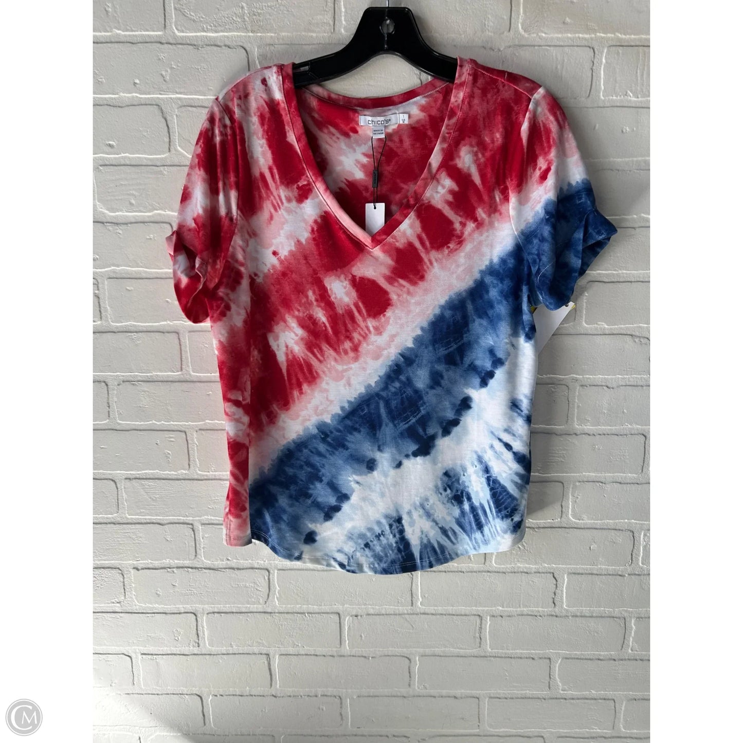 Top Short Sleeve By Chicos In Blue & Red & White, Size: M