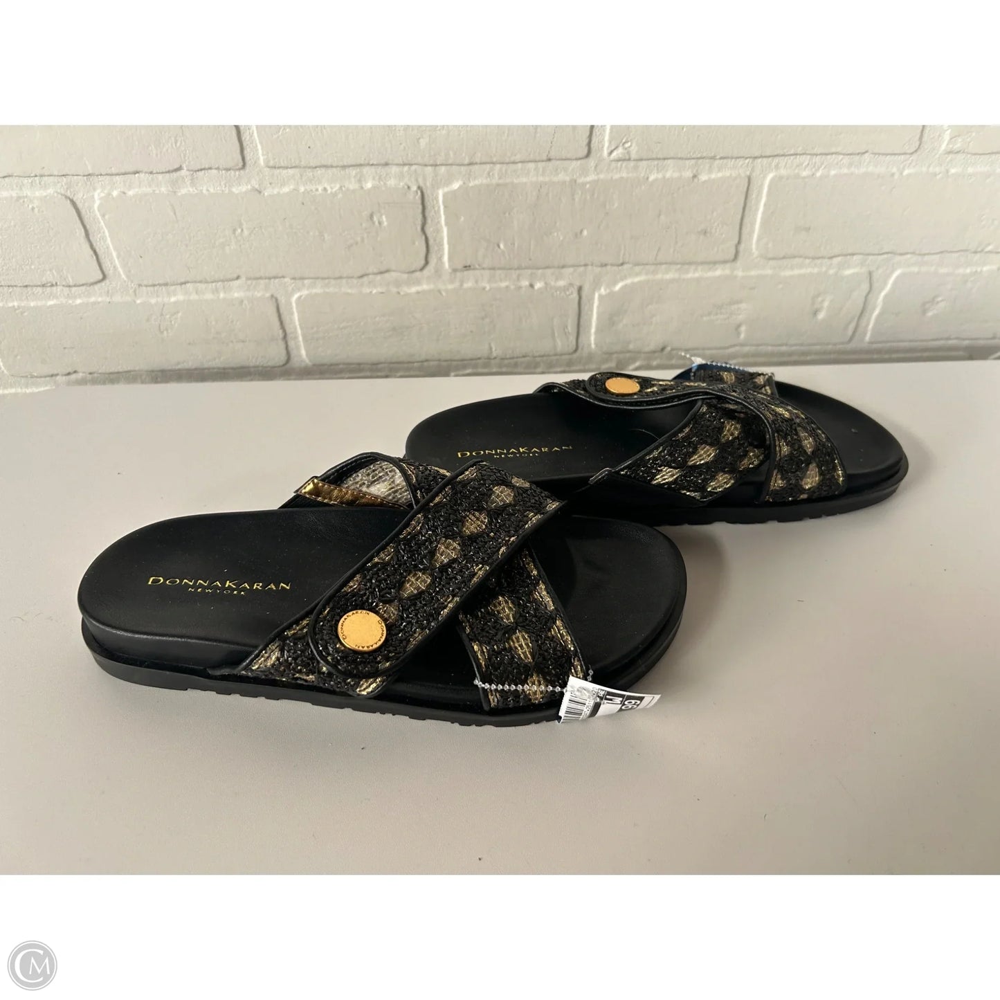 Sandals Flats By Donna Karan In Black & Gold, Size: 8.5