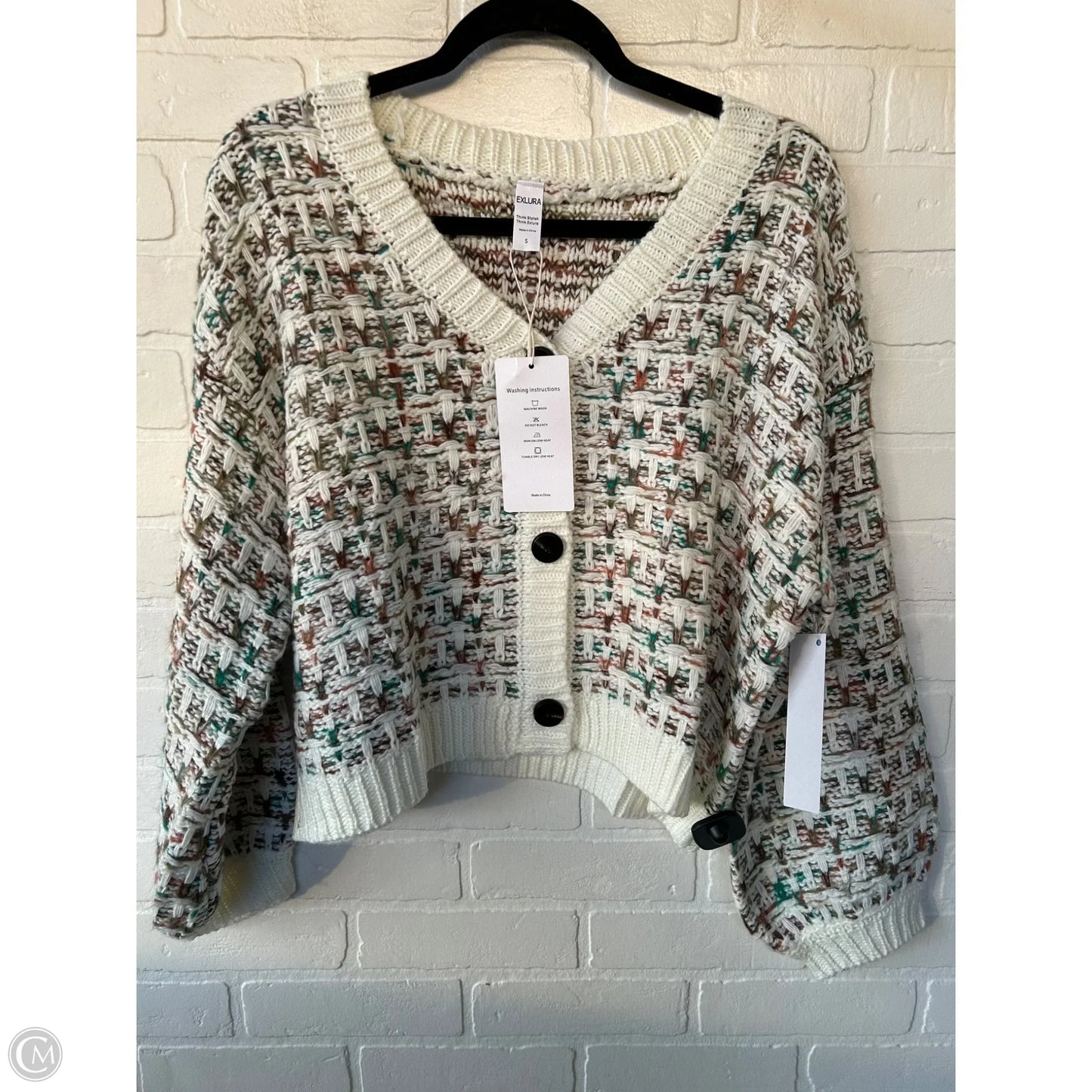 Sweater Cardigan By Exlura In Green & White, Size: S