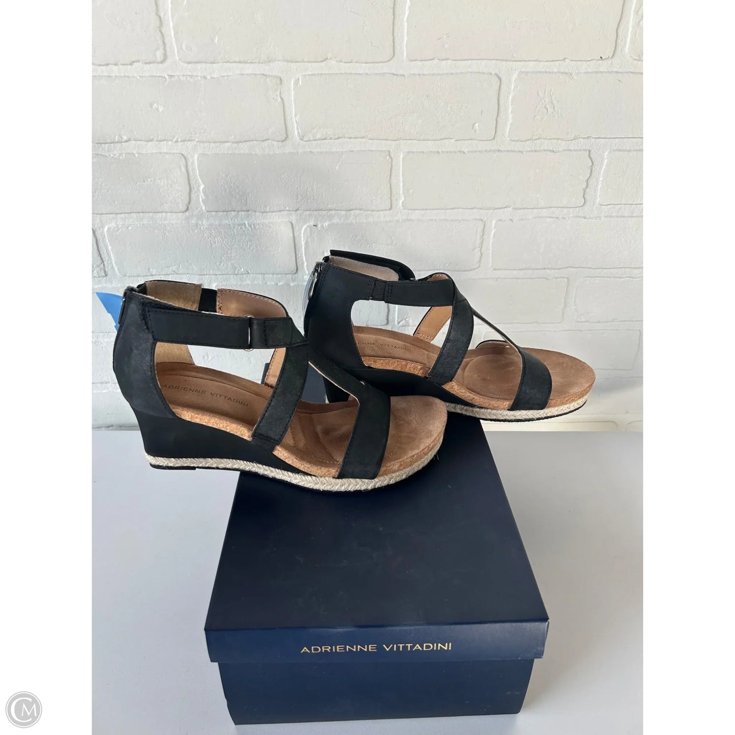 Sandals Heels Wedge By Adrienne Vittadini In Black & Tan, Size: 8.5