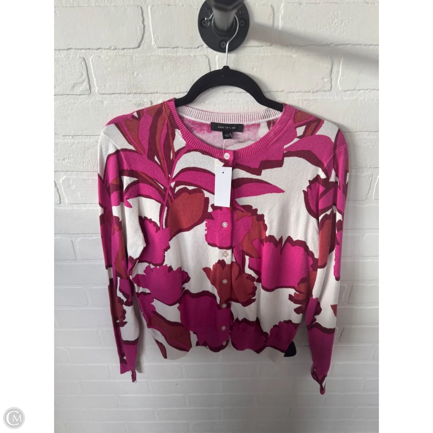 Sweater Cardigan By Ann Taylor In Pink & Red, Size: M