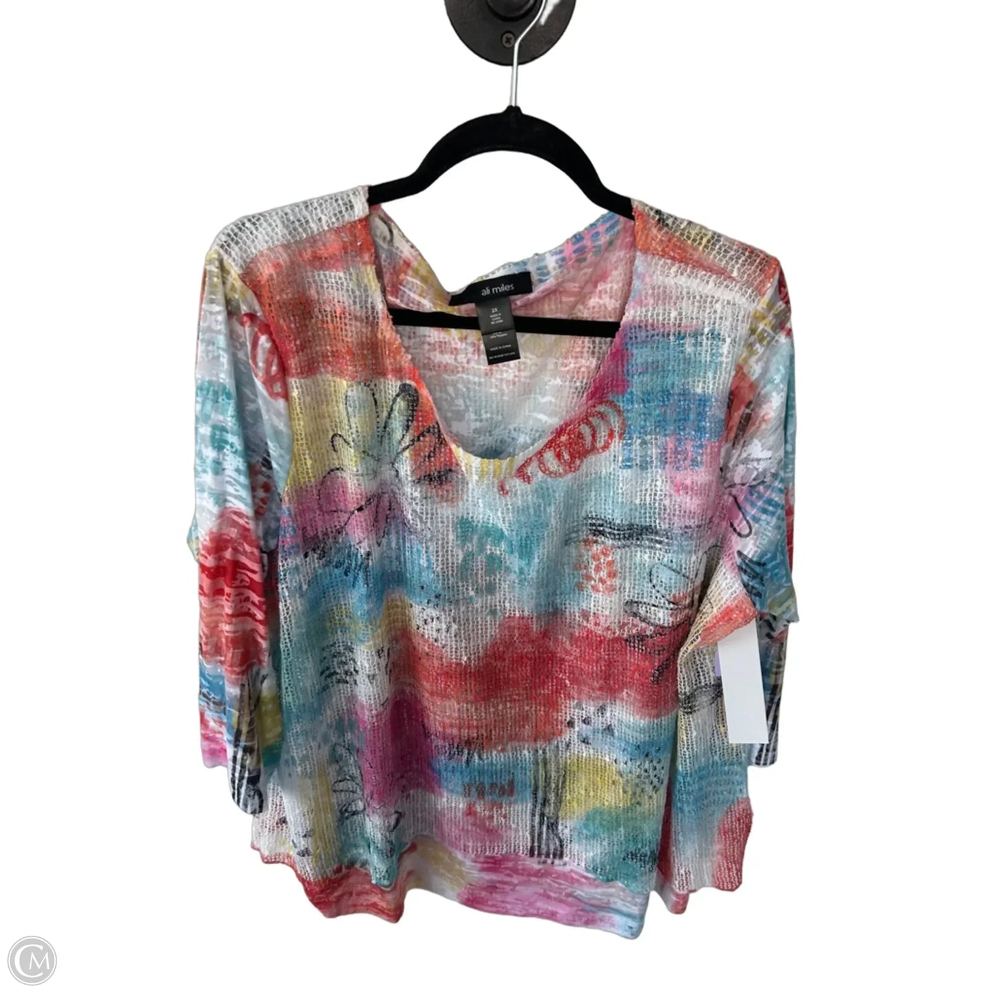 Top 3/4 Sleeve By Ali Miles In Blue & Orange, Size: 2x