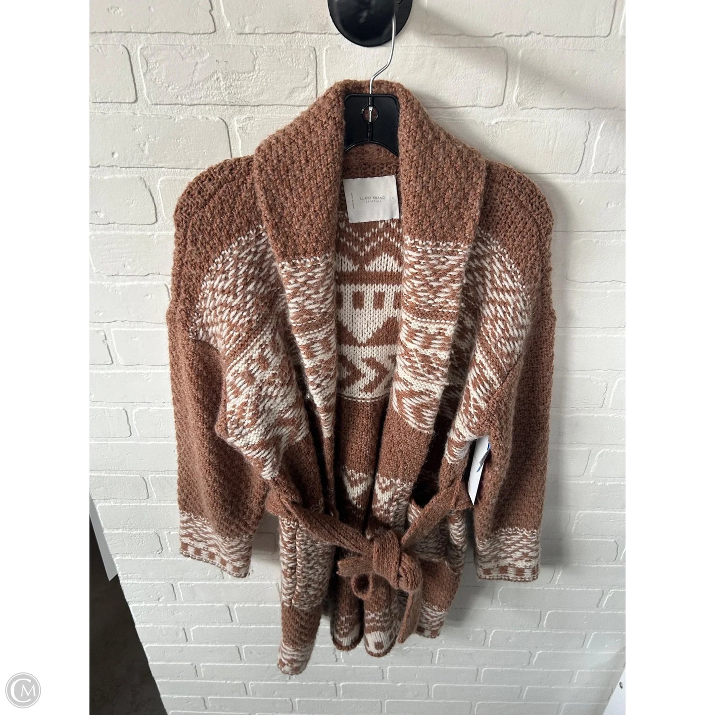 Sweater Cardigan By Lucky Brand In Brown & Cream, Size: S