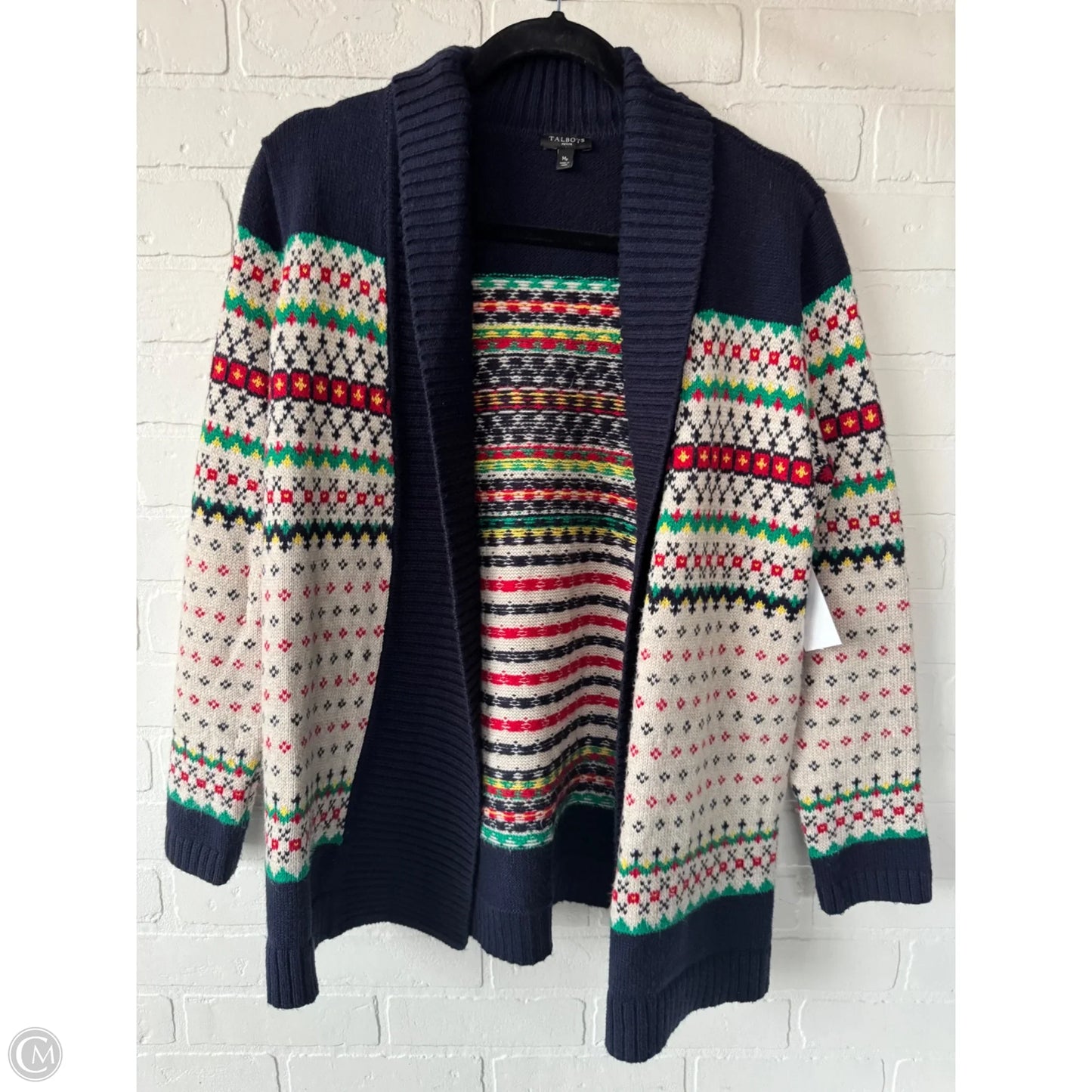 Sweater Cardigan By Talbots In Blue & Cream, Size: Mp