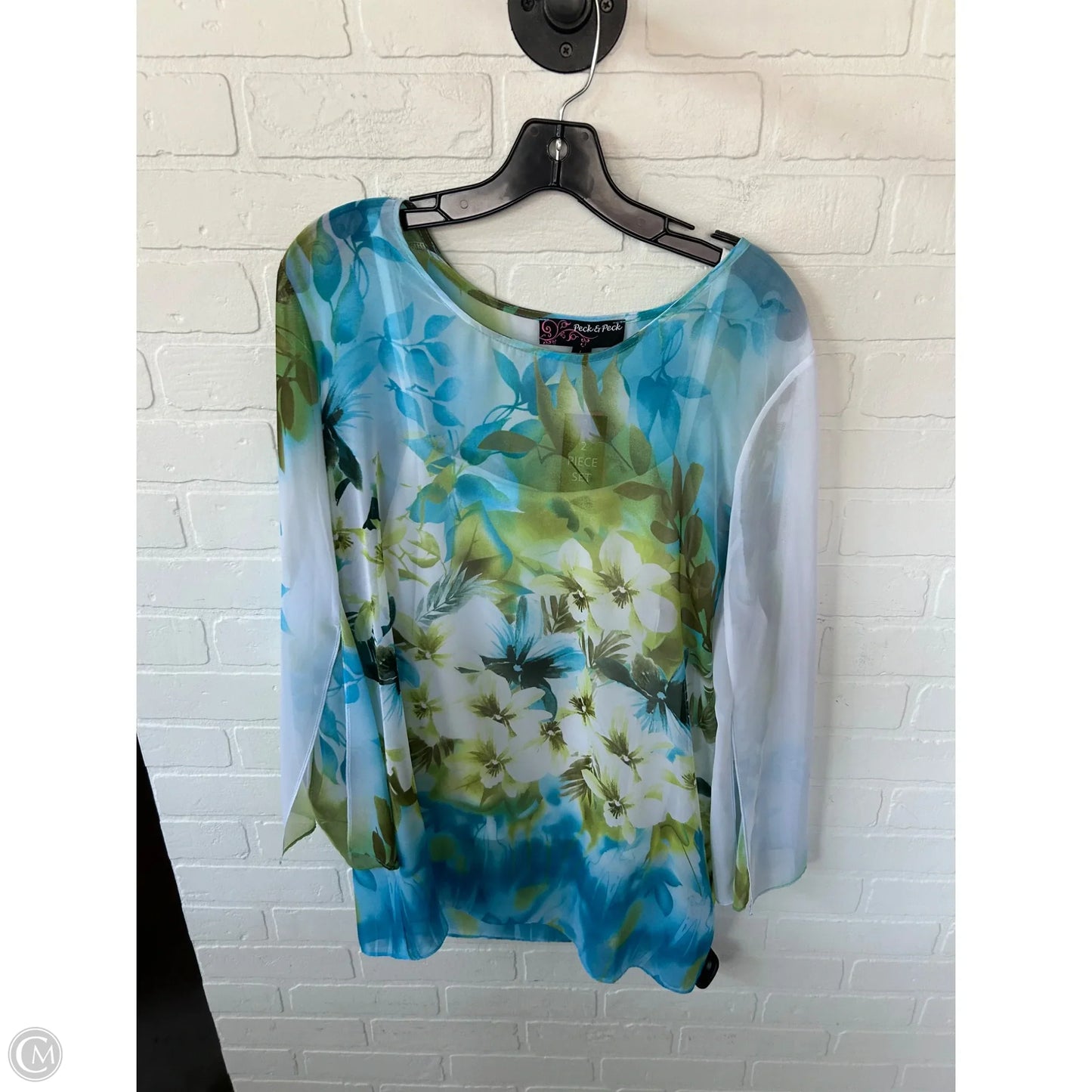 Top 2pc Long Sleeve By Peck And Peck In Blue & Green, Size: L