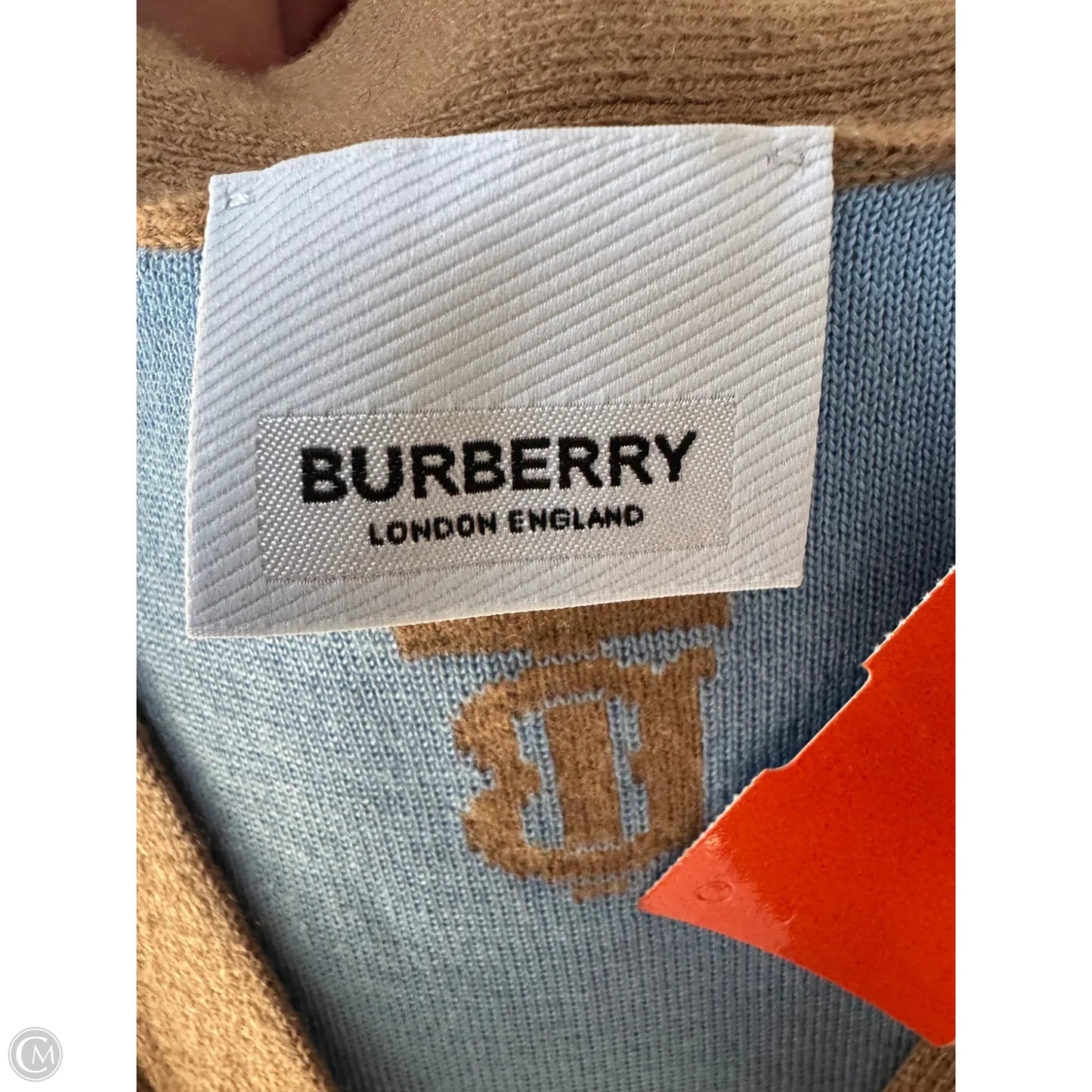 Sweater Cardigan Luxury Designer By Burberry In Blue & Tan, Size: M
