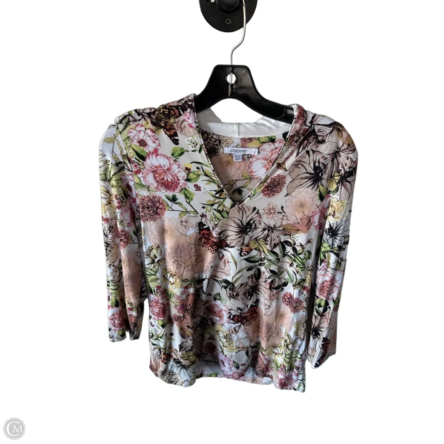 Top 3/4 Sleeve By Chicos In Cream & Green, Size: M