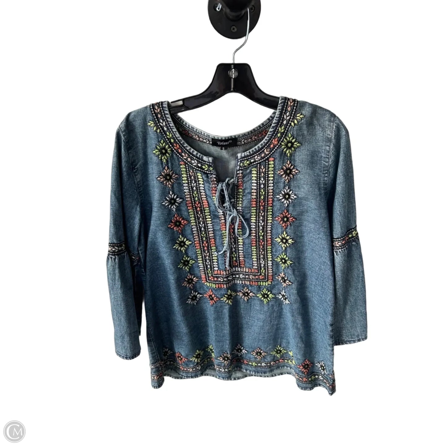 Top Long Sleeve By Tolani In Blue Denim, Size: S