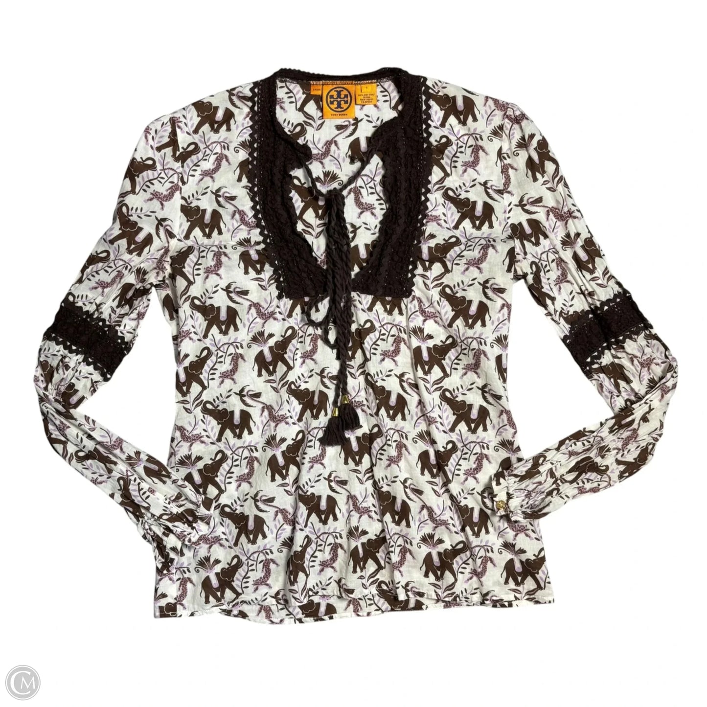 Top Long Sleeve Designer By Tory Burch In Brown & White, Size: S