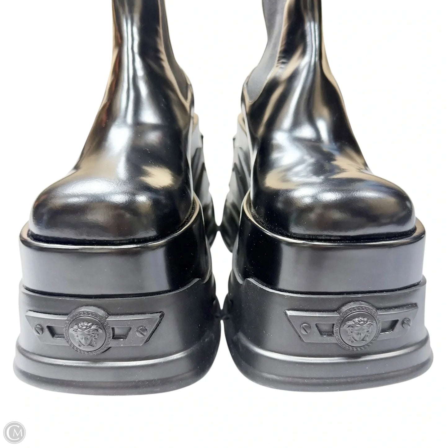 Boots Luxury Designer By Versace In Black, Size: 7.5