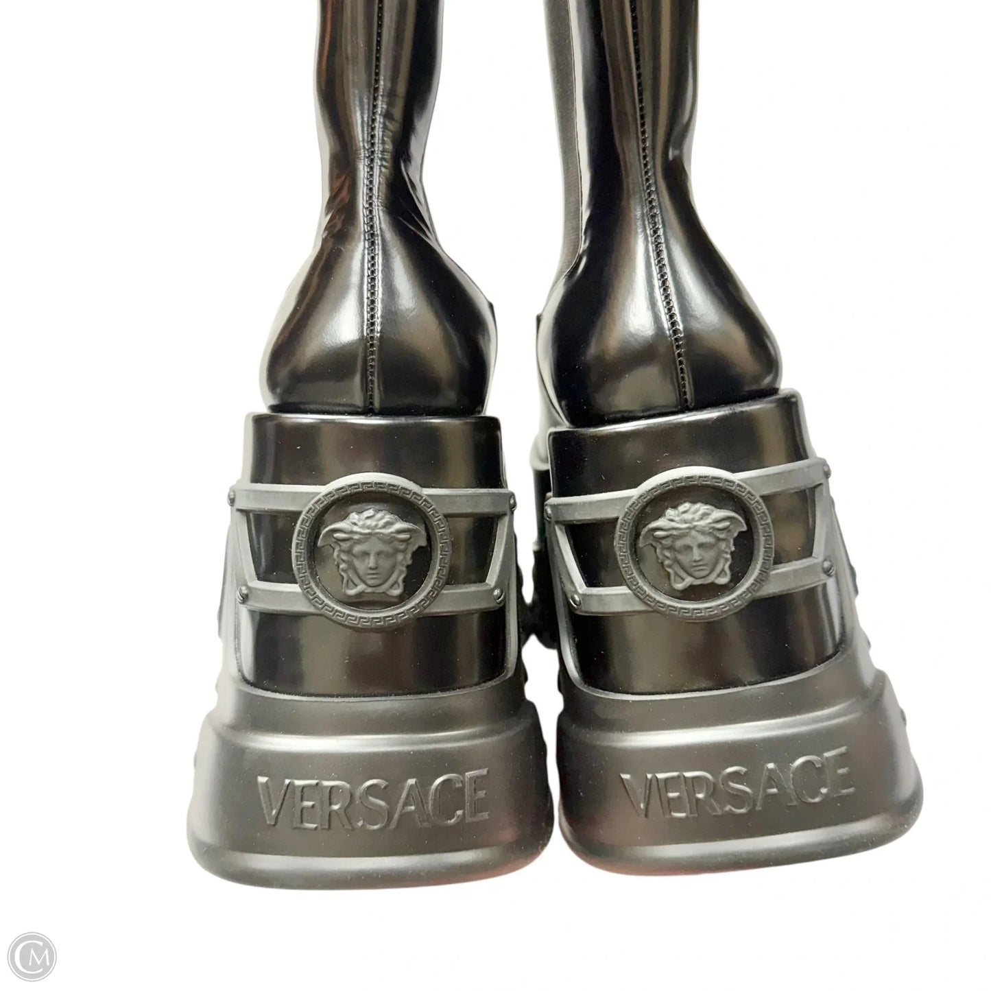 Boots Luxury Designer By Versace In Black, Size: 7.5