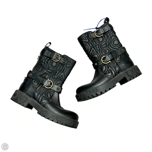 Boots Luxury Designer By Salvatore Ferragamo In Black Gold, Size: 6.5