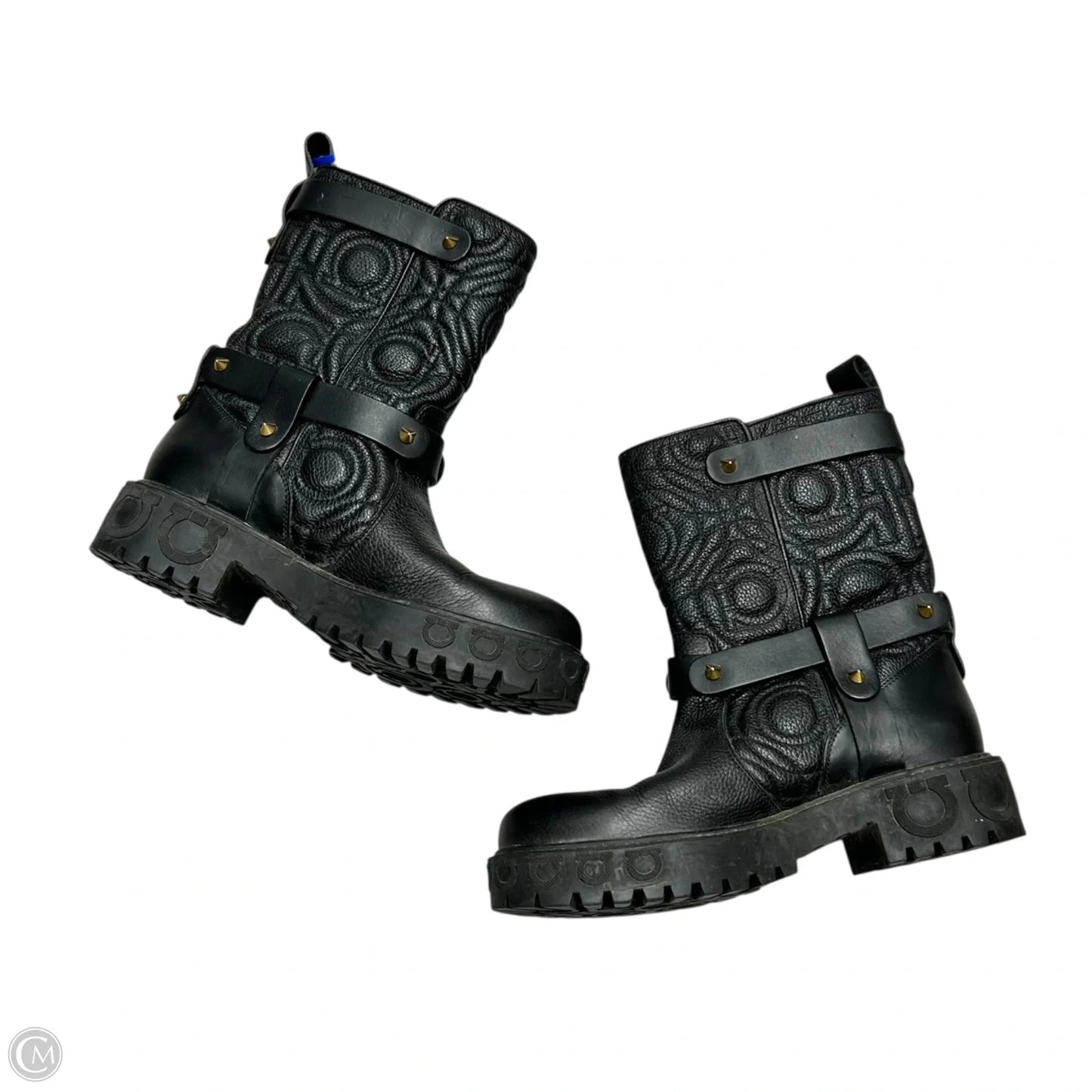 Boots Luxury Designer By Salvatore Ferragamo In Black Gold, Size: 6.5