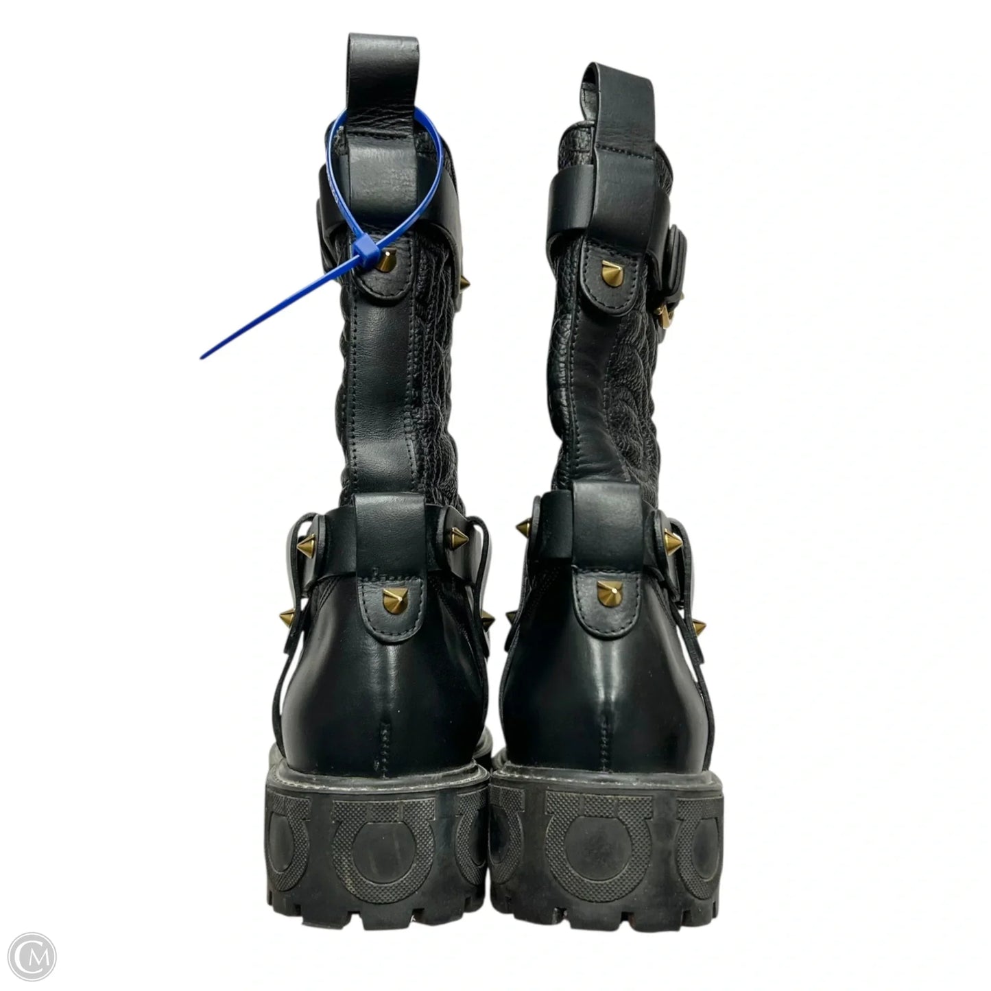 Boots Luxury Designer By Salvatore Ferragamo In Black Gold, Size: 6.5