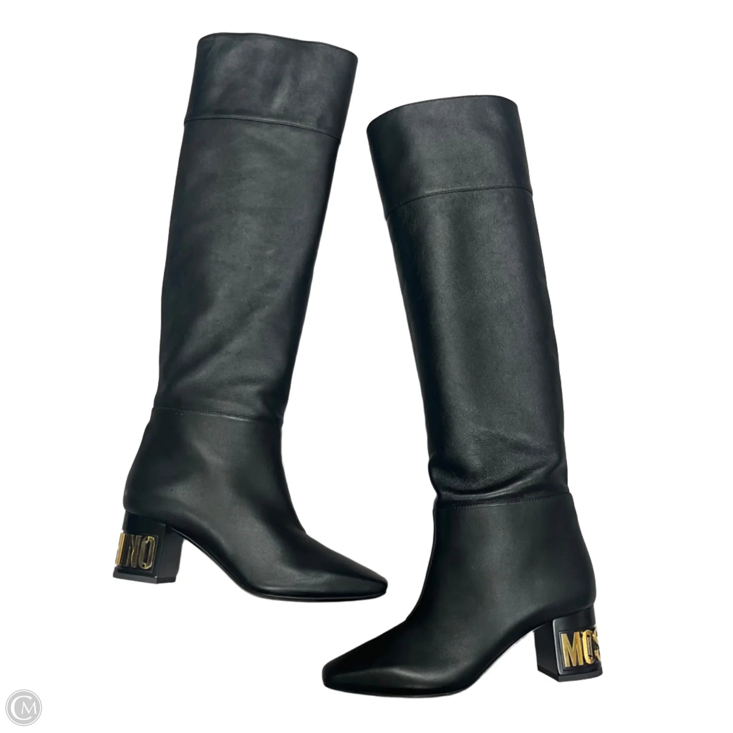 Boots Luxury Designer By Moschino In Black & Gold, Size: 8.5
