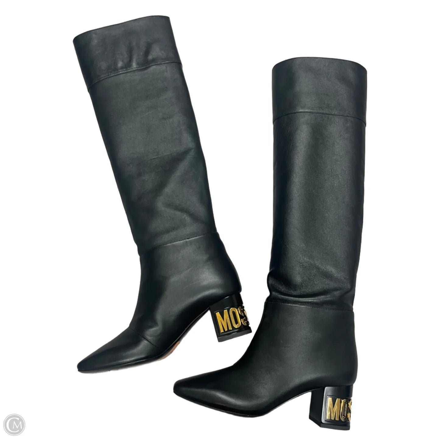 Boots Luxury Designer By Moschino In Black & Gold, Size: 8.5