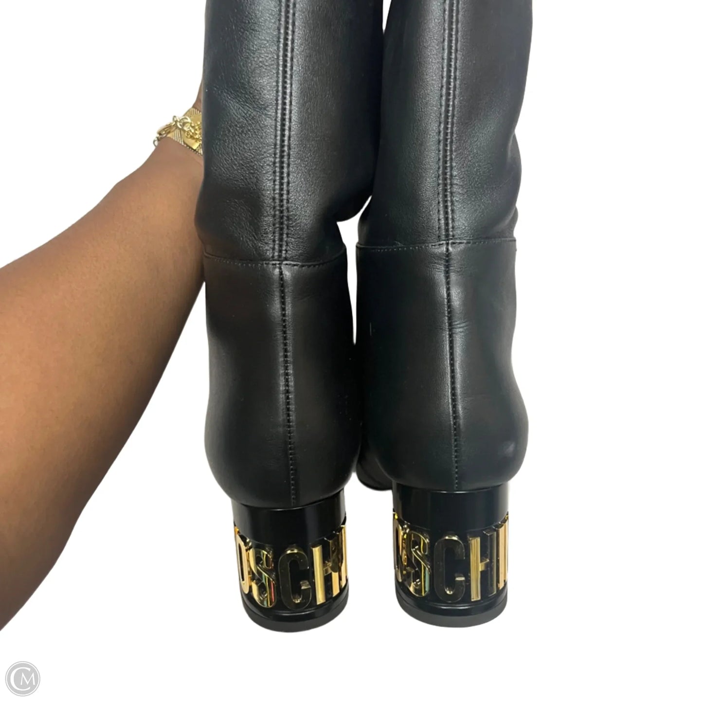 Boots Luxury Designer By Moschino In Black & Gold, Size: 8.5