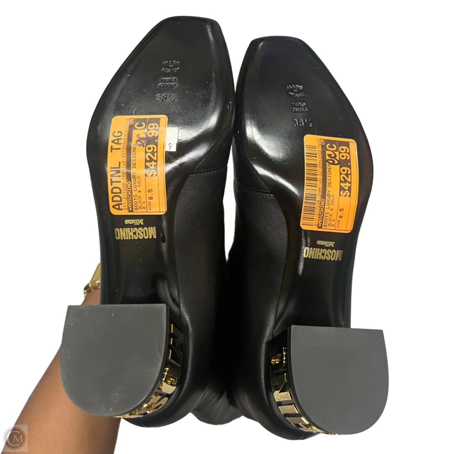 Boots Luxury Designer By Moschino In Black & Gold, Size: 8.5