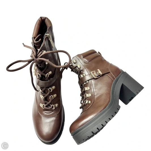 Boots Ankle Heels By Guess In Brown, Size: 9.5