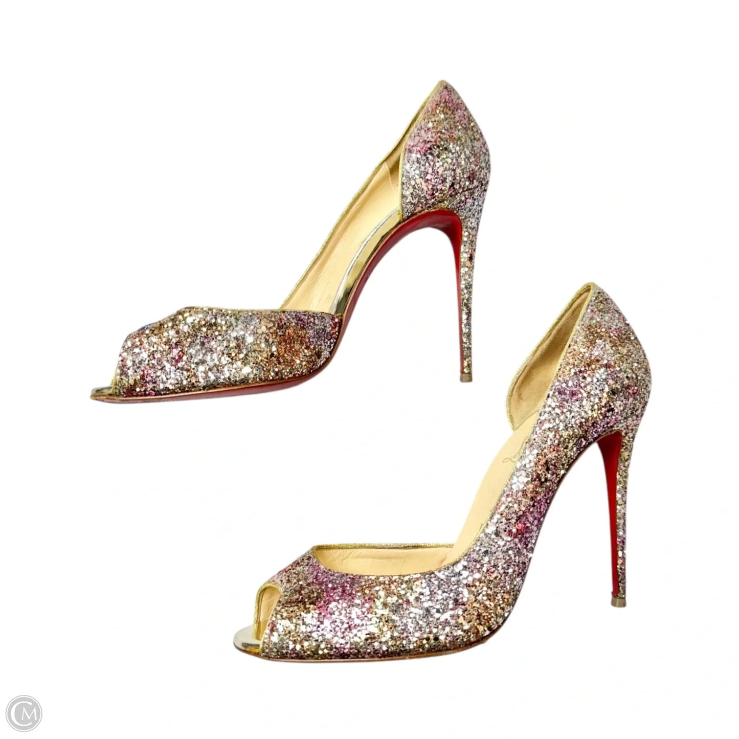 Sandals Luxury Designer By Christian Louboutin In Gold & Purple, Size: 9.5