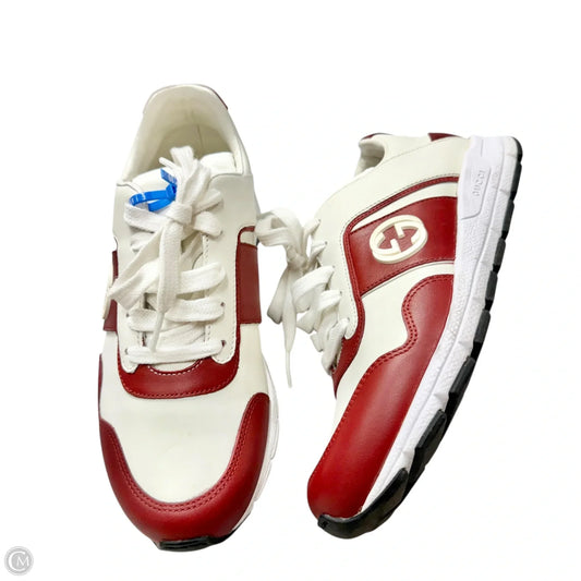 Shoes Luxury Designer By Gucci In Red & White, Size: 5.5