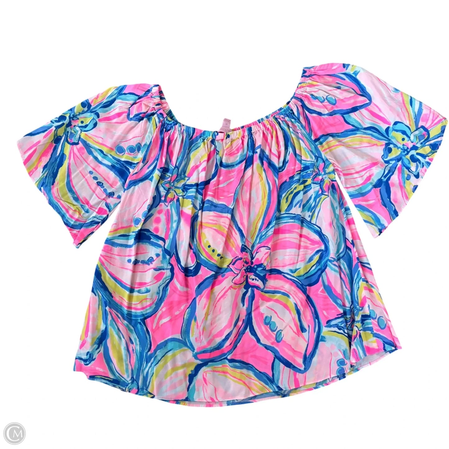 Top Short Sleeve Designer By Lilly Pulitzer In Blue & Pink, Size: M