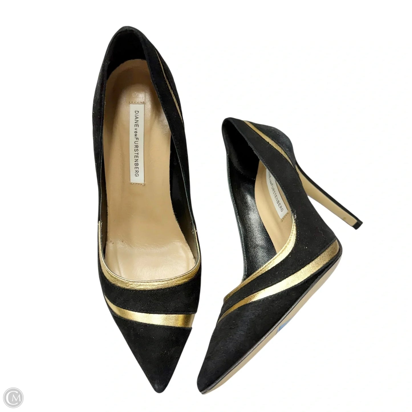 Shoes Designer By Diane Von Furstenberg In Black & Gold, Size: 6.5