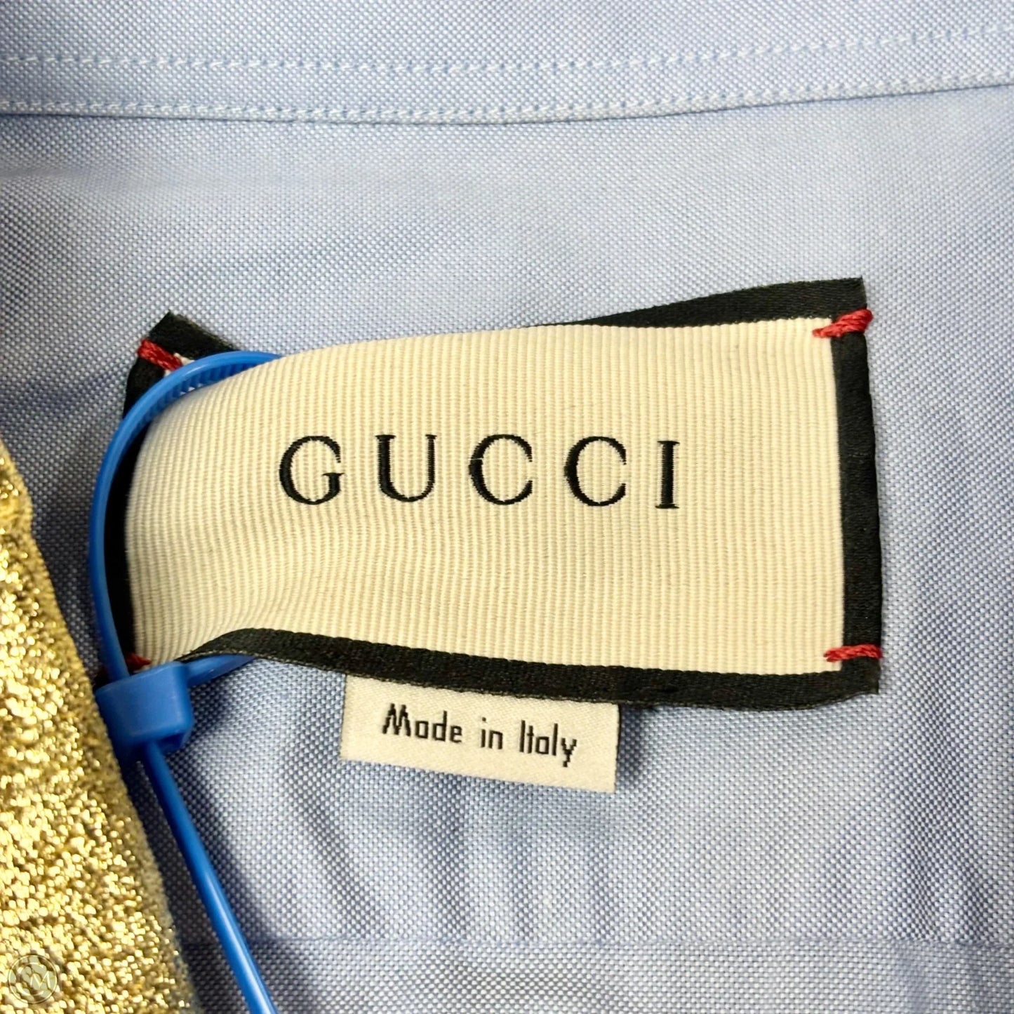 Top Long Sleeve Luxury Designer By Gucci In Blue & Gold, Size: M