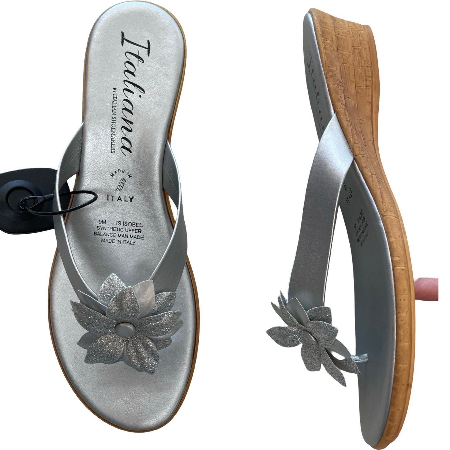 Sandals Flip Flops By Italian Shoemakers In Silver, Size:9