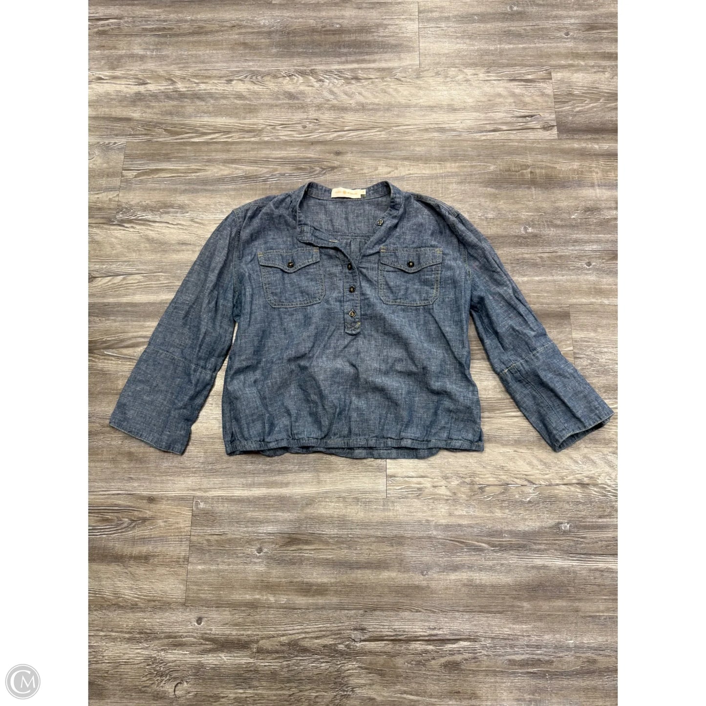 Top 3/4 Sleeve Designer By Tory Burch In Blue Denim, Size: M