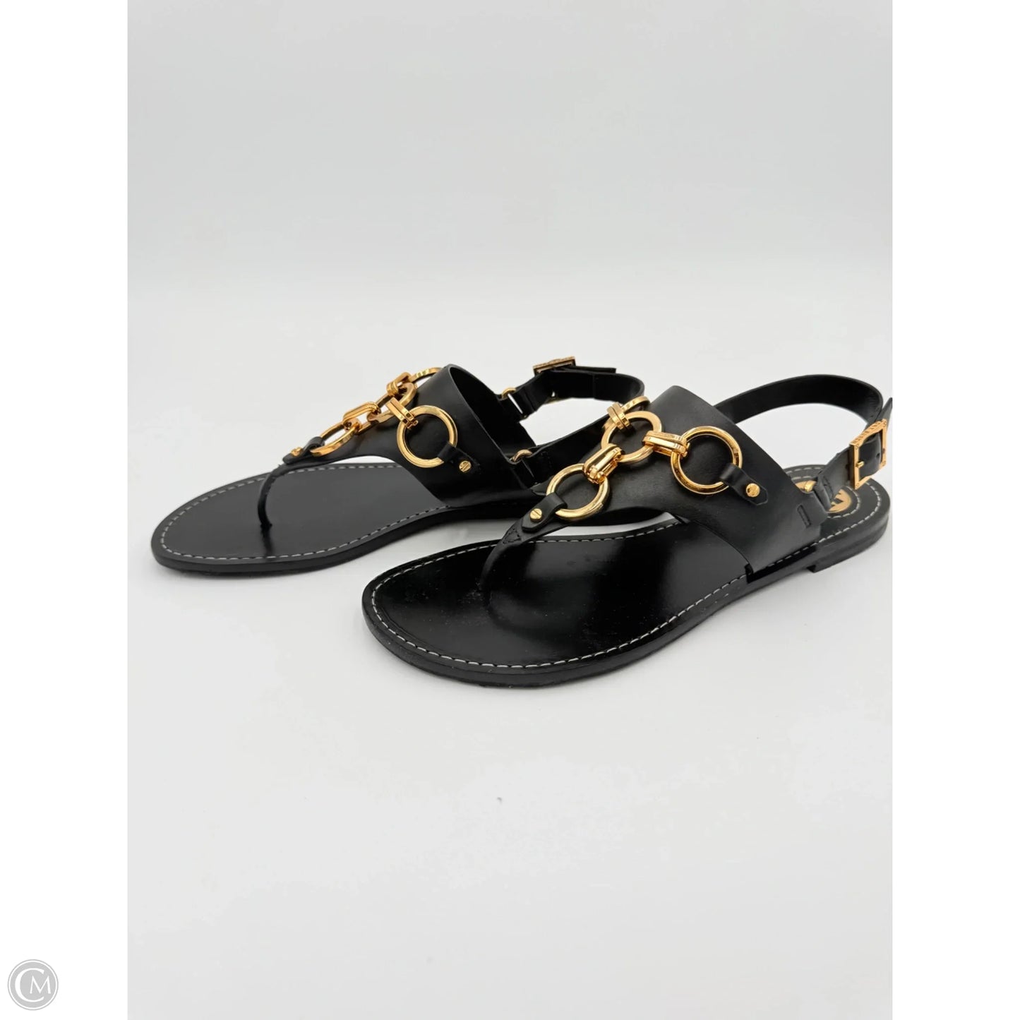 Sandals Designer By Tory Burch In Black & Gold, Size: 9.5