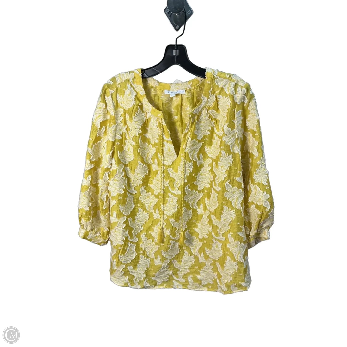 Top 3/4 Sleeve By Chicos In White & Yellow, Size: L