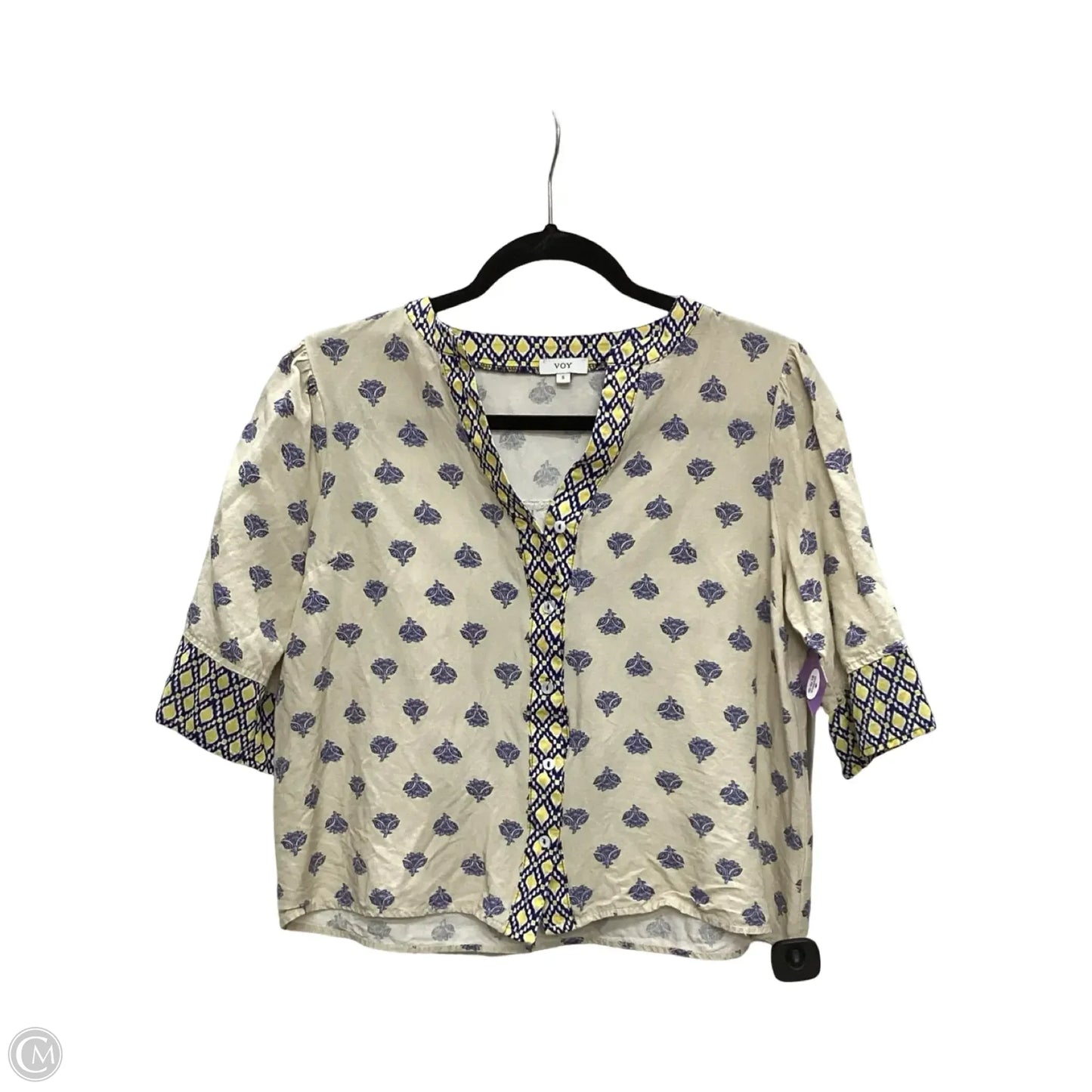 Designer Blouse Short Sleeve By Voy In Cream, Size: S